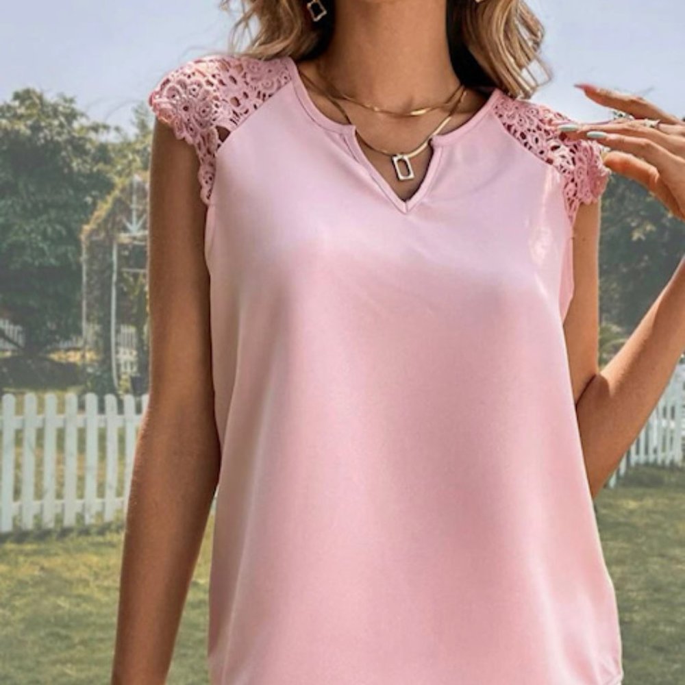 SHEIN Clasi Contrast Lace Notched Neck Blouse L (8/10)